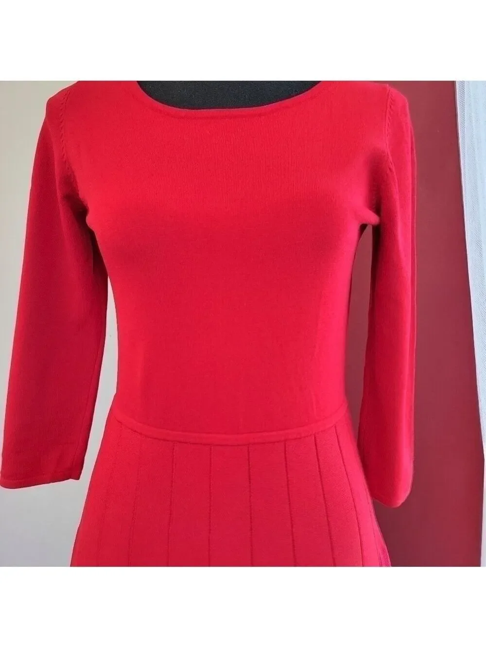 Ann Taylor Red 3/4 Sleeve Scoop Neck Skater Dress Size Medium Petite EUC
